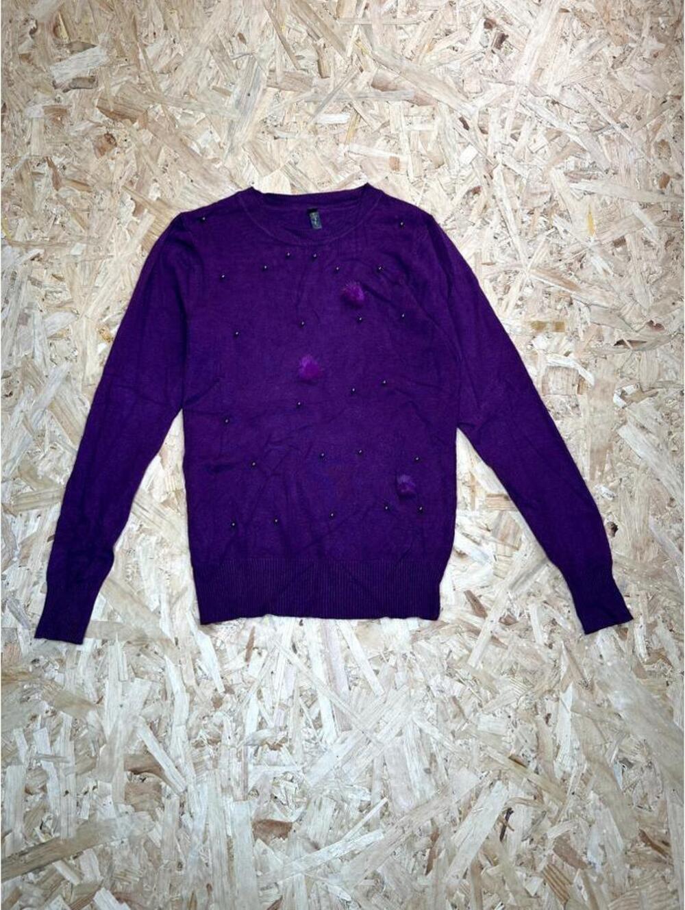 Emily Stacy Purple Beaded Pom Pom Sweater Womens Large Long Sleeve Crew Neck
